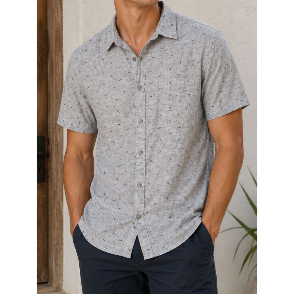 Cactus Man Ricky Singh Men's M Gray Bird Print Cotton Short Sleeve Shirt NWT